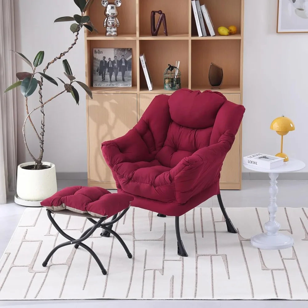New Burgundy Lazy Chair with Ottoman, Modern Lounge Accent Chair with Armrests and a Side Pocket, Leisure Sofa Armchair - HOME