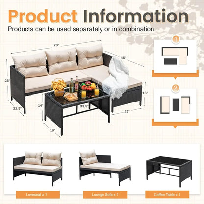 Outdoor Patio Furniture 3-Piece Rattan Waterproof Outdoor Sectional Sofa All-Weather L Shaped Patio Couch with Cushion Glass Ta