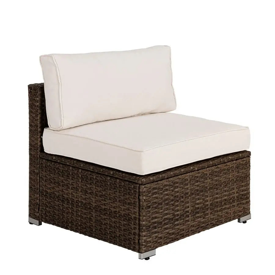 Outdoor Furniture Addon Armless Chair for Expanding Wicker Sectional Sofa Set w Off White Thick Cushions for Garden, Pool, Backy