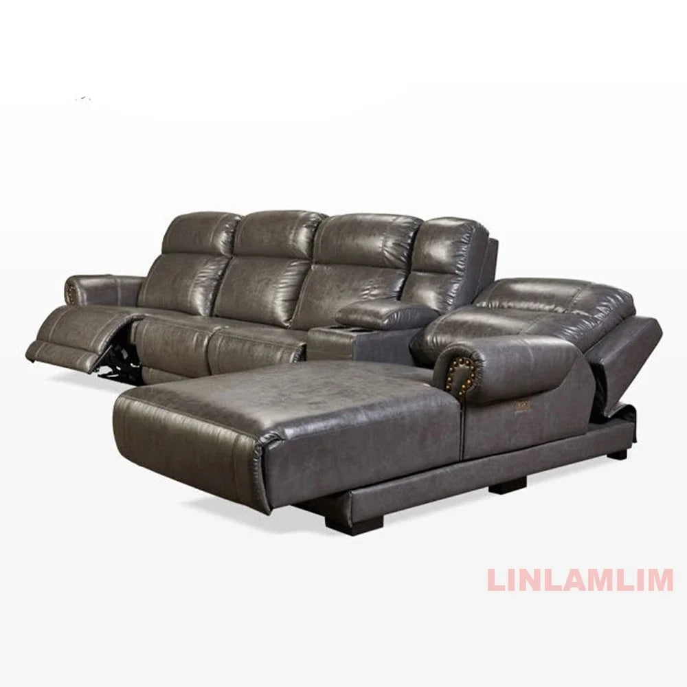 MINGDIBAO Luxury Genuine Leather Power Recliner Sofa Set, L Shape Electric Reclining Couch with Nailhead Trim, Home Theater Seat