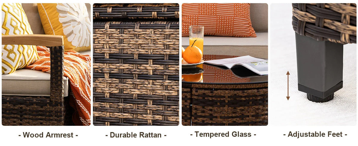 Multi-piece Outdoor Patio Furniture Sets, Half Moon Curving Part of The Sofa Rattan Patio Conversation Sets