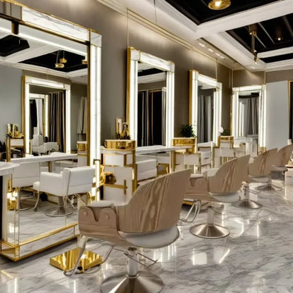 Luxury Gold Frame Barber Station LED Big Best Selling Table Cabinet Salon Mirror with Chair