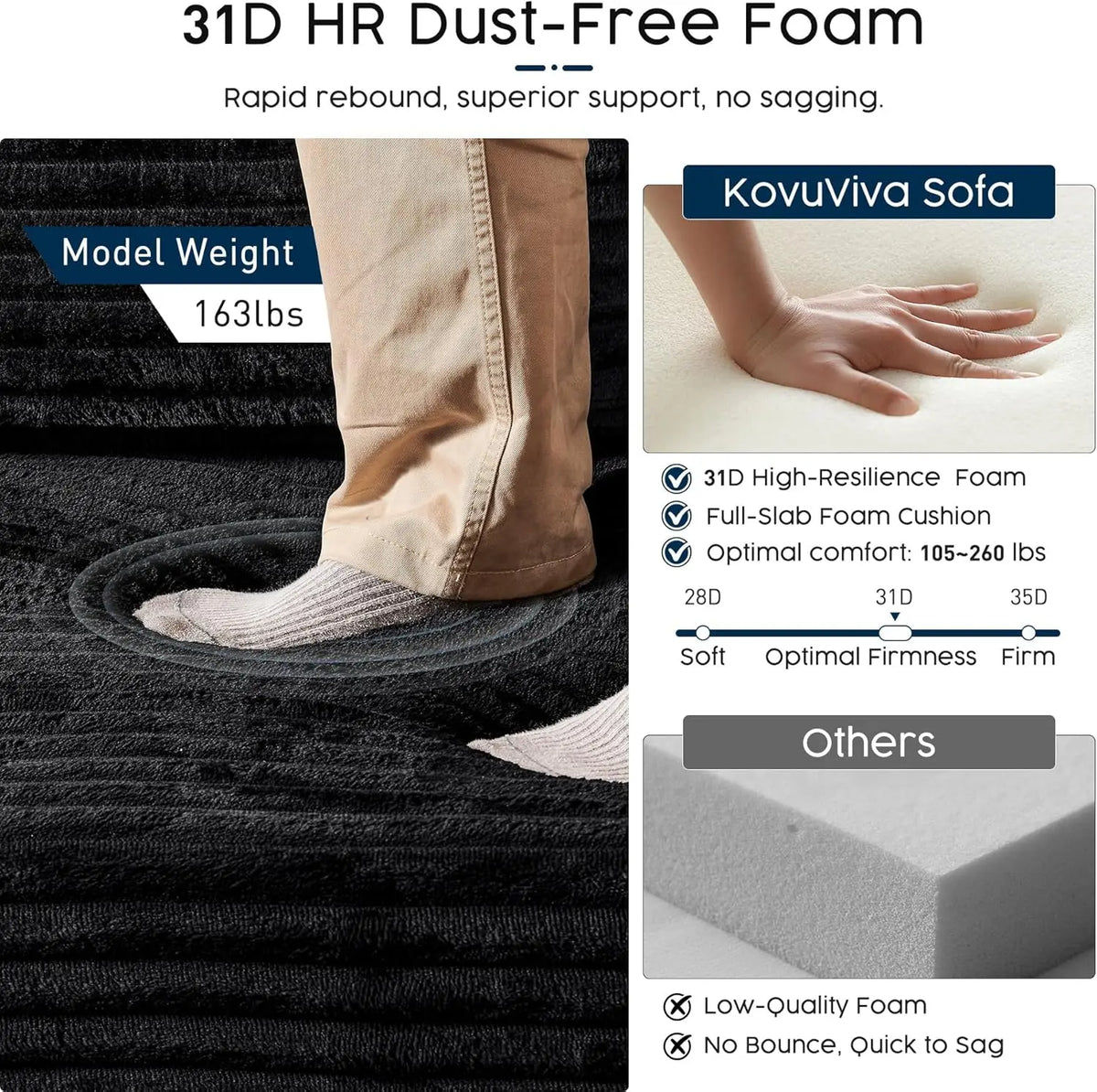 Black Sectional Couch with Ottoman, 108 Cloud Modular Couch for Living Room, Modern U-Shaped Sofa, No Assembly Required