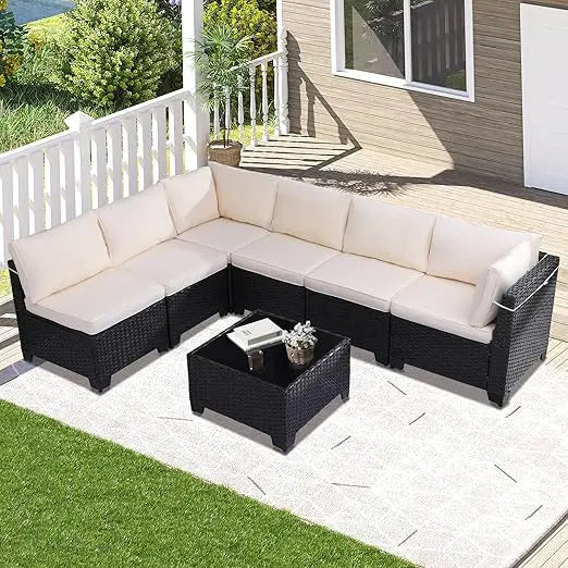 7-piece outdoor patio set, rattan chairs, glass table, wicker sectional for conversation seating