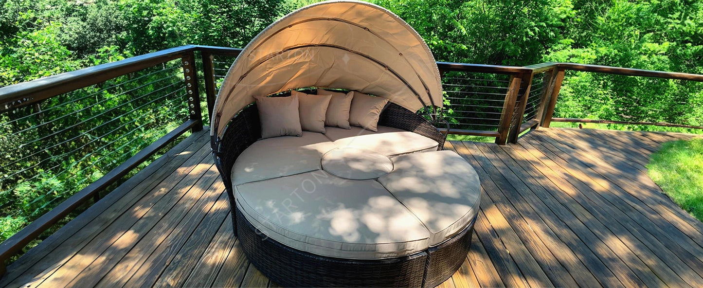 Terrace Circular Sofa Bed with  Canopy, Brown Wicker Furniture