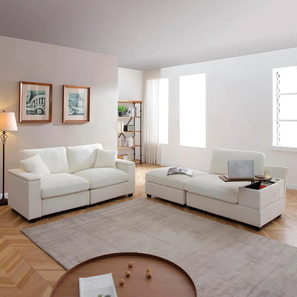 120.3" Modern L-Shaped Sectional Sofa with 360°Swivel Drop-Down Table, Storage Armrest, USB Ports & Movable Storage Ottoman – Pl