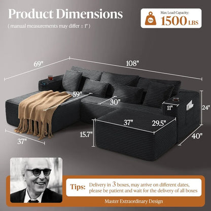 108" Cloud Sectional Couch, Comfort U Shaped Boneless Couch for Living Room, Extra Deep Seats No Assembly, Minimalist Modular
