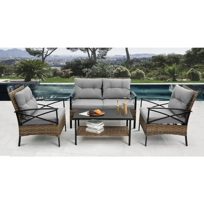 Outdoor Patio Furniture Set, 4 Piece Backyard Wicker Conversation Sets, Rattan Sofa with Table for Balcony Porch Outside