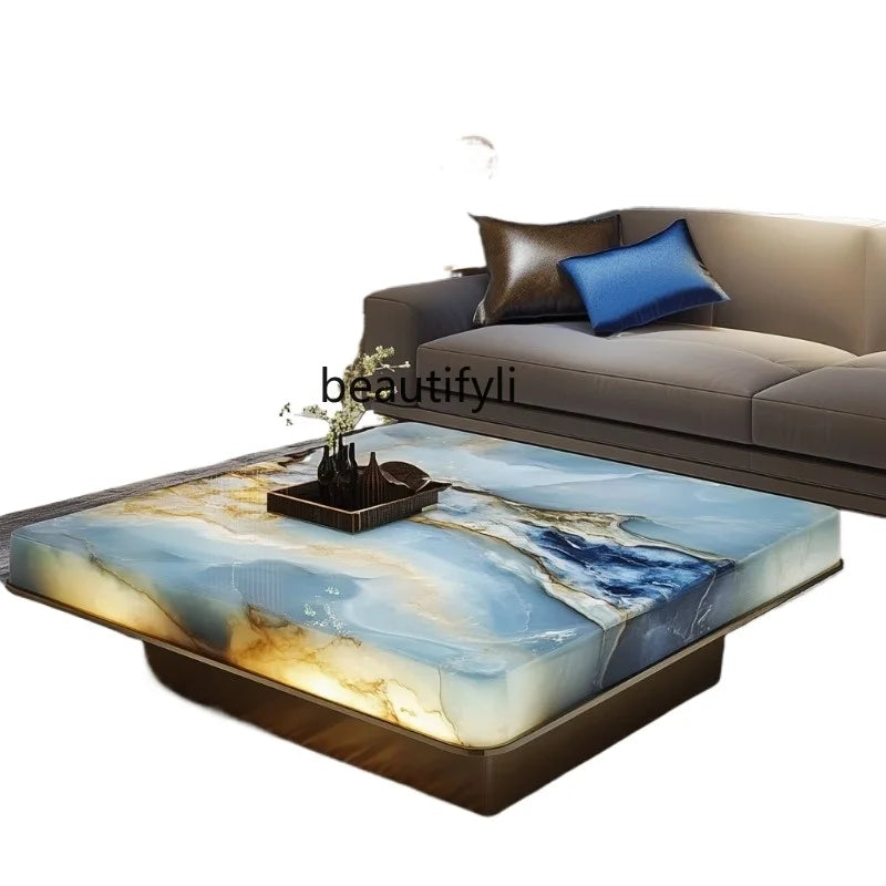 Natural marble new Chinese color luxury stone high-grade luminous jade living room minimalist villa square tea table