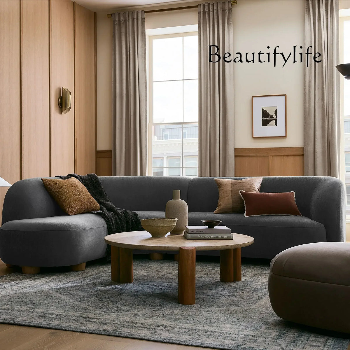 gW Nordic simple curved fabric lamb wool sofa Italian light luxury creative living room corner sofa