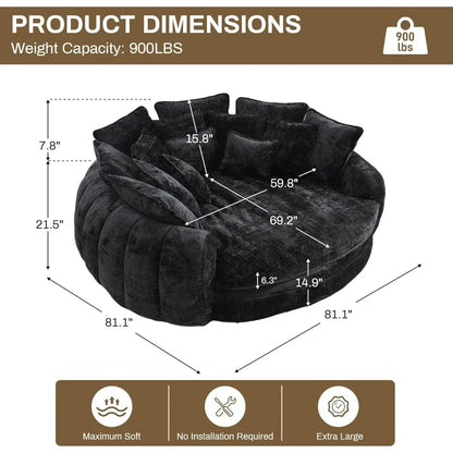 Oversized Round Chaise Lounge, Plush Lazy Bean Bag Sofa with 14 Pillows, Comfortable Chenille Upholstered Barrel Sleeper Bed