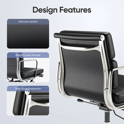 Classic Office Chair Genuine Leather Executive Desk with Lumbar Support Ergonomic Computer Chair with Aluminum Arms Office Room