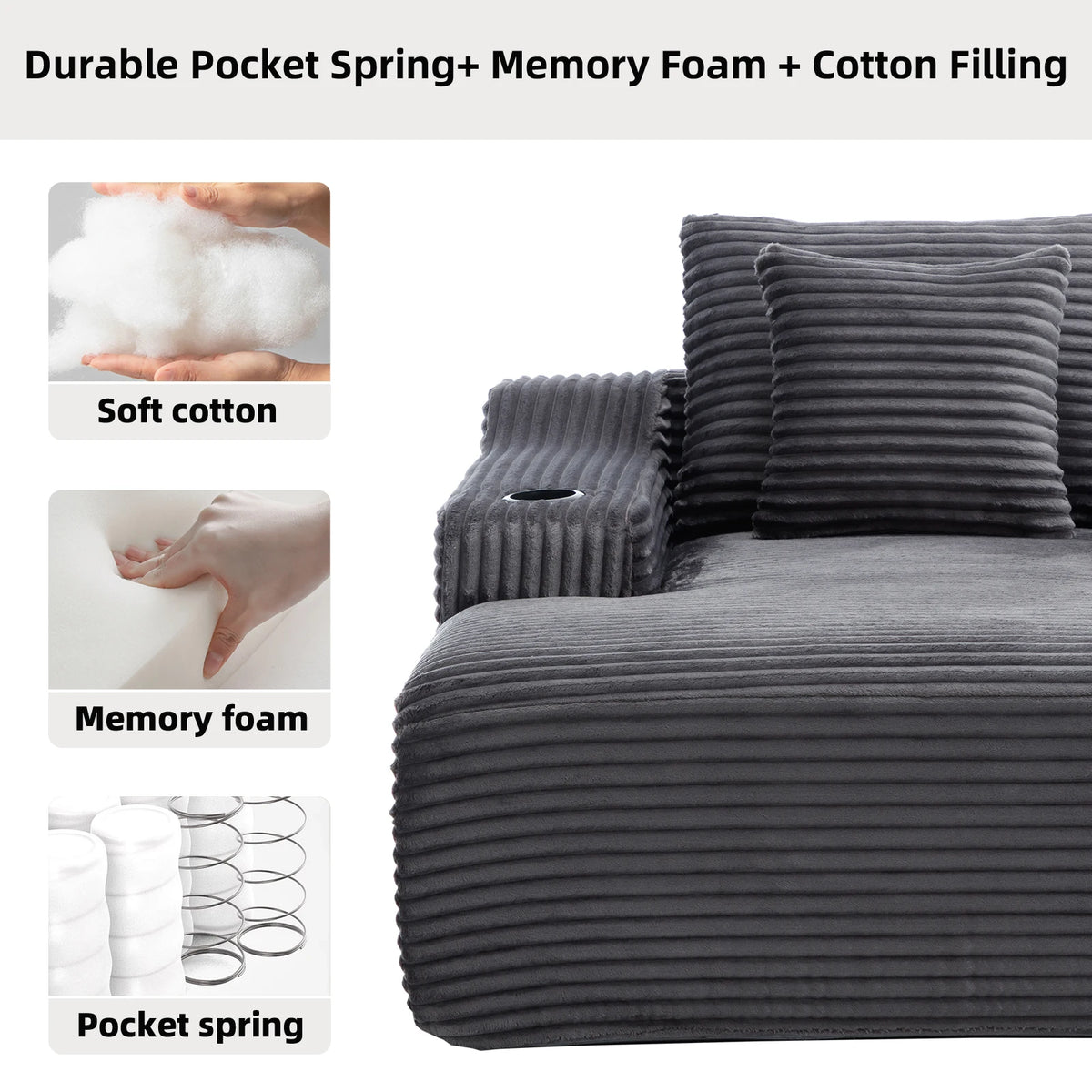 67 Inch Chaise Lounge Chair Indoor, Oversized Corduroy Upholstered Boneless Sofa Bed, Cloud Sofas Couches for Living Room