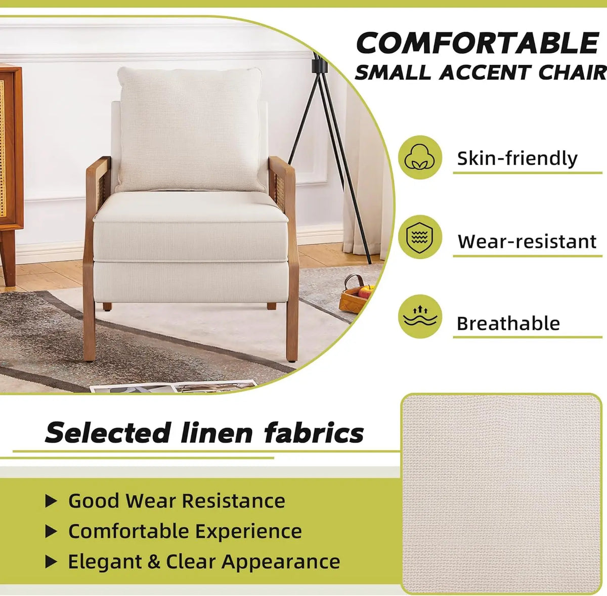 Mid Century Modern Accent Chair Upholstered Living Room Chairs Armchair with Rattan Armrest Comfy Reading Chair