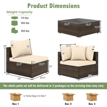 7 PCS Patio Rattan Furniture Set Sectional Sofa Cushioned Garden Brown