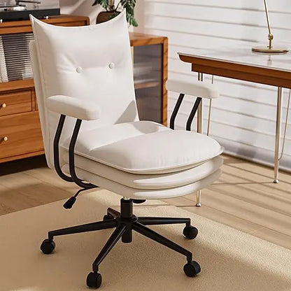 White Leather Office Chair with Wheels, Triple-Layers Thicken Wide Seat Height Adjustable, Mid Back, Comfy Desk Chair for Home,