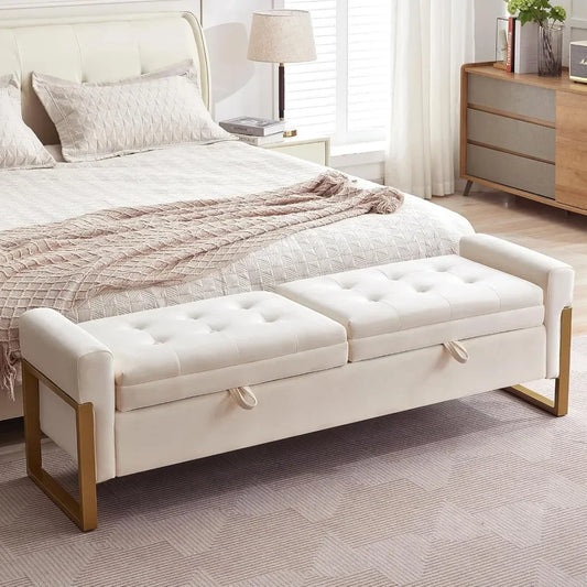 67' Storage Bench for Bedroom End of Bed, Velvet King Size Bed Bench with Double Lids and Gold Legs, Storage Ottoman Bench
