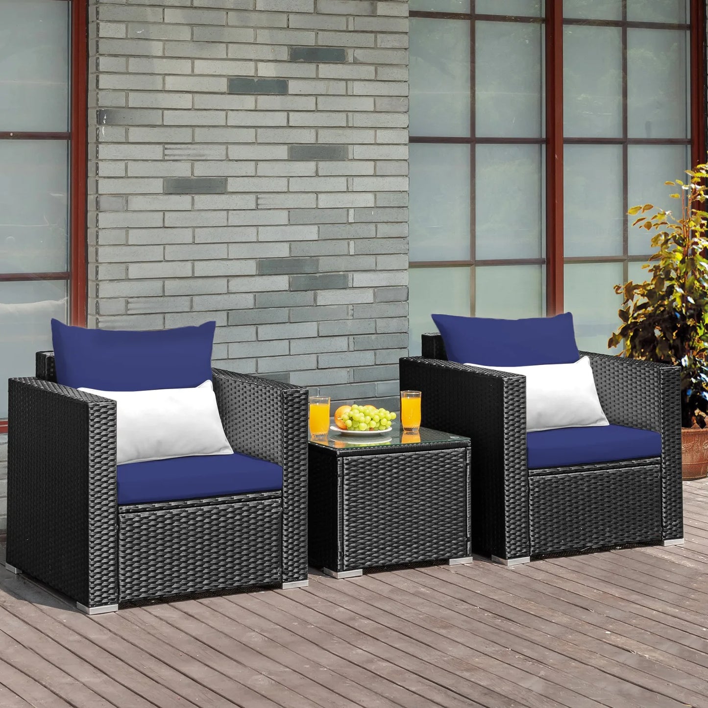 Garden Furniture Sets3PCS Patio Rattan Sofa Set with Table and Cushions for Yard Navy Blue