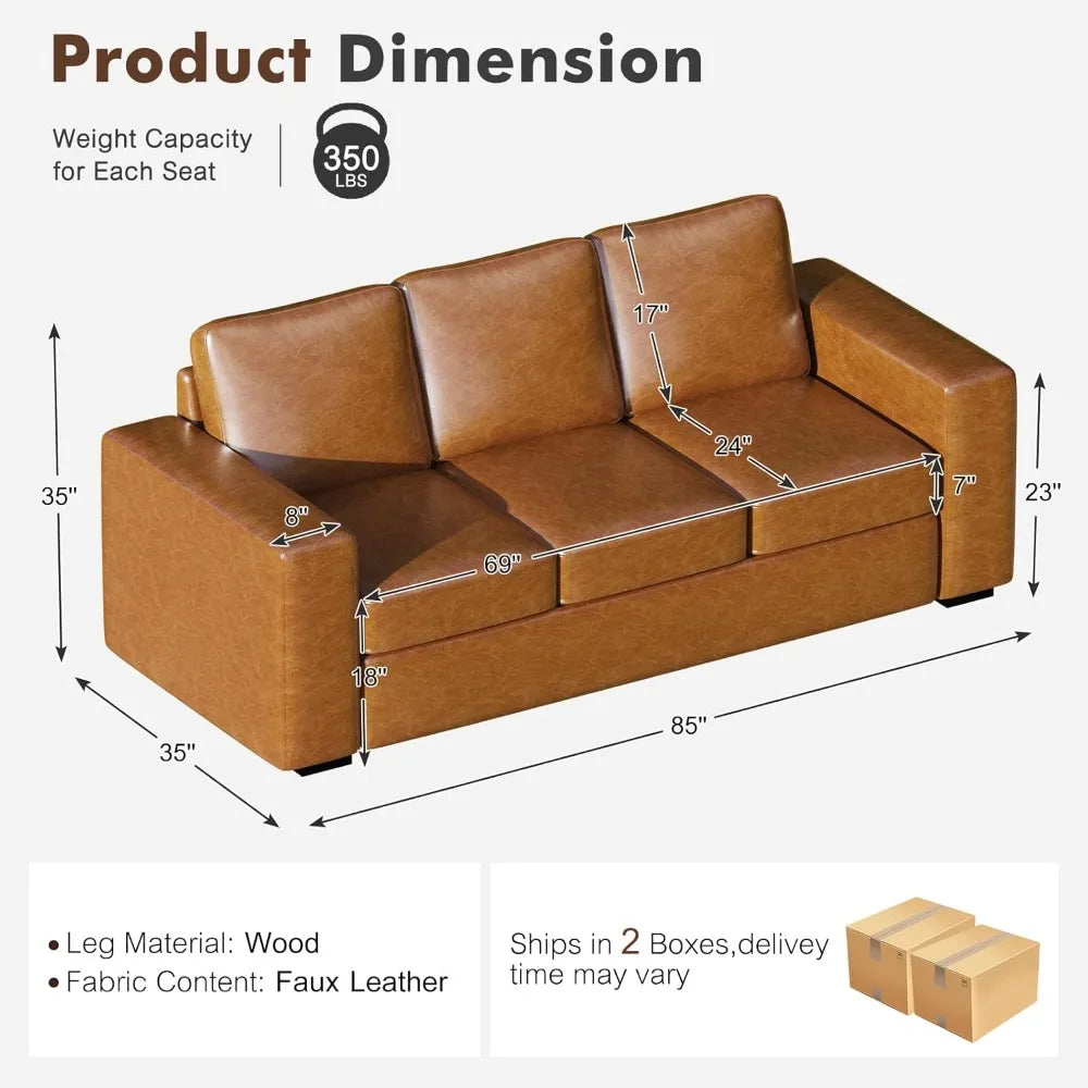 Brown Faux Leather 3-Seater Sofa for Living Room and Office, Modern Comfortable Couch for Apartments