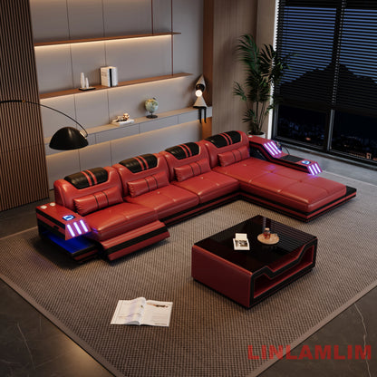 Convertible Genuine Leather Sectional Sofa Bed with Adjustable Headrests, Electric Recliners, Storage, Speakers, USB & LED Light