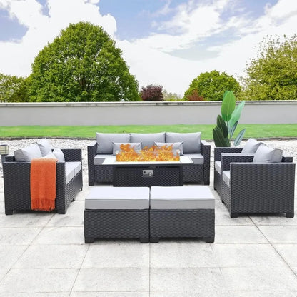 7 Piece Outdoor Furniture Set with 60000 BTU Propane Fire Pit Table and Slip-Resistant Cushions for Patio
