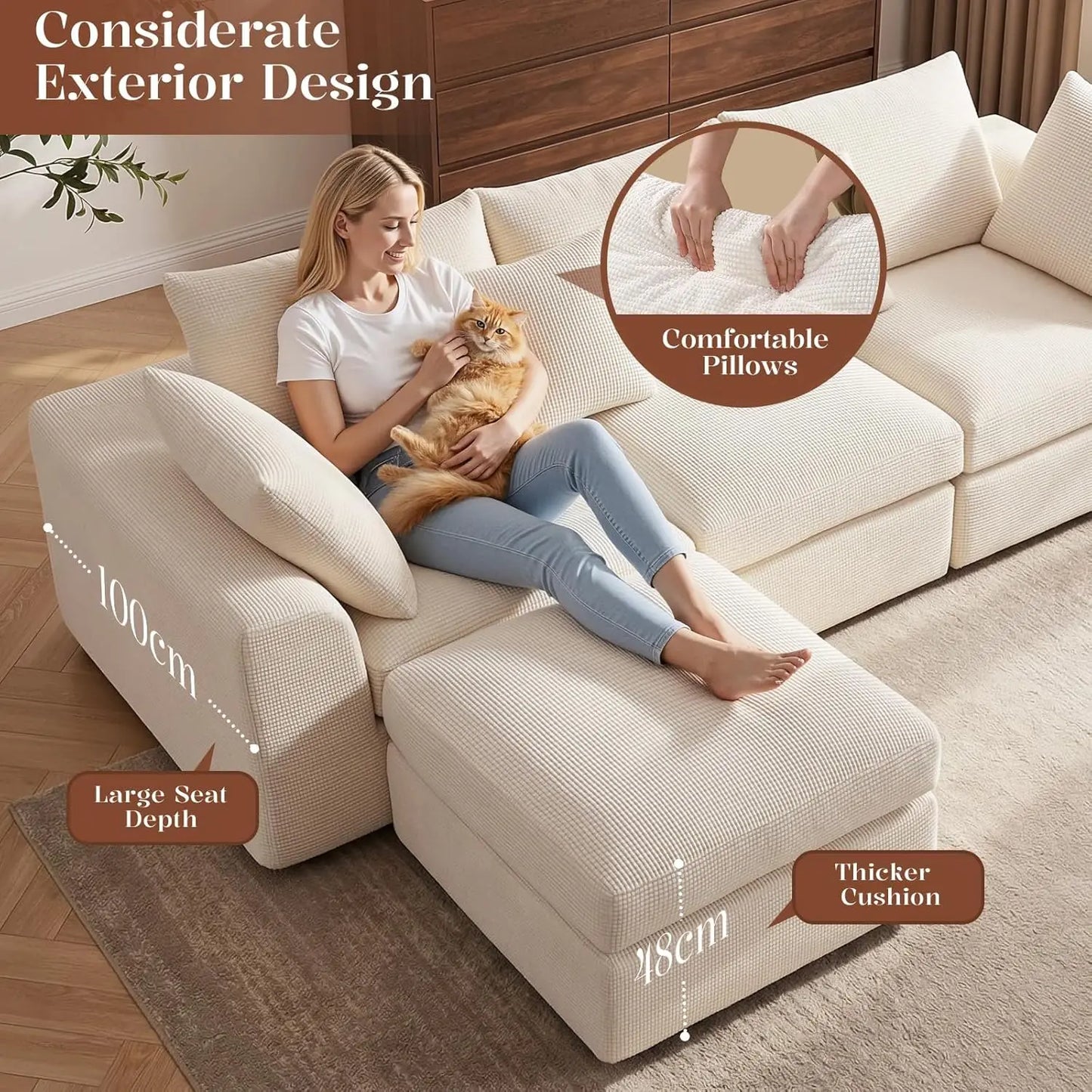 110" L-Shaped 3-Seat Modular Sectional Sofa with Movable Design