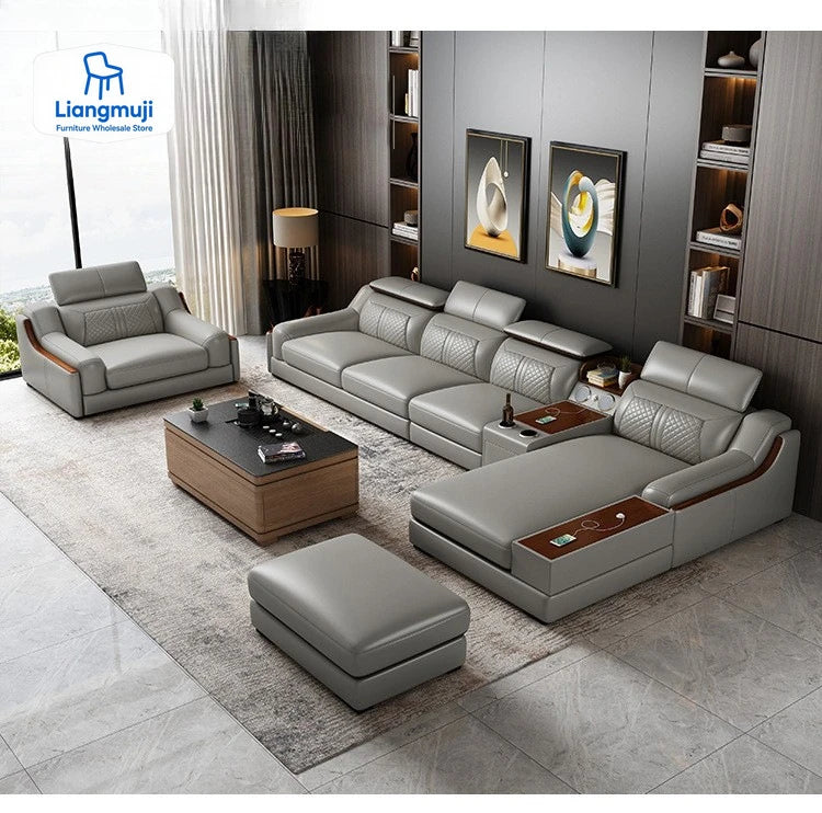 Stylish Italian Genuine Leather Sofa for Living Room with Cup Holder, USB, Adjustable Headrests & Bluetooth Speaker - Lazy Sofa