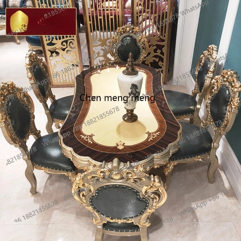 European oval 1.8 meters long dining table and chairs combination villa solid wood carving flower atmosphere dining table