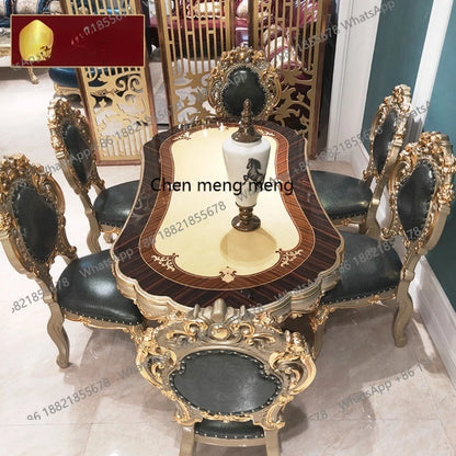 European oval 1.8 meters long dining table and chairs combination villa solid wood carving flower atmosphere dining table