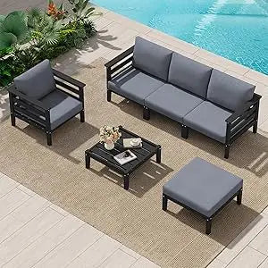 HDPE Patio Furniture Set, 6 Pieces Outdoor Sectional Sofa Set, All-Weather Wood-Like Outdoor Sofa Couch with Coffee Table for D