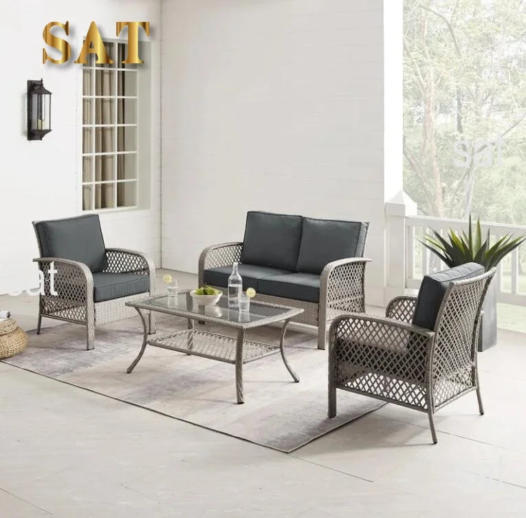 # New Arrival 4-Piece Rattan Patio Conversation Set With Blue Cushions