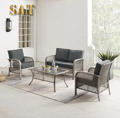 # New Arrival 4-Piece Rattan Patio Conversation Set With Blue Cushions