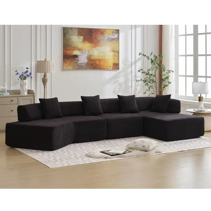 Modern Minimalist Sectional Sofa: L-Shape Cloud Couch with Deep Seats Right Chaise - Black