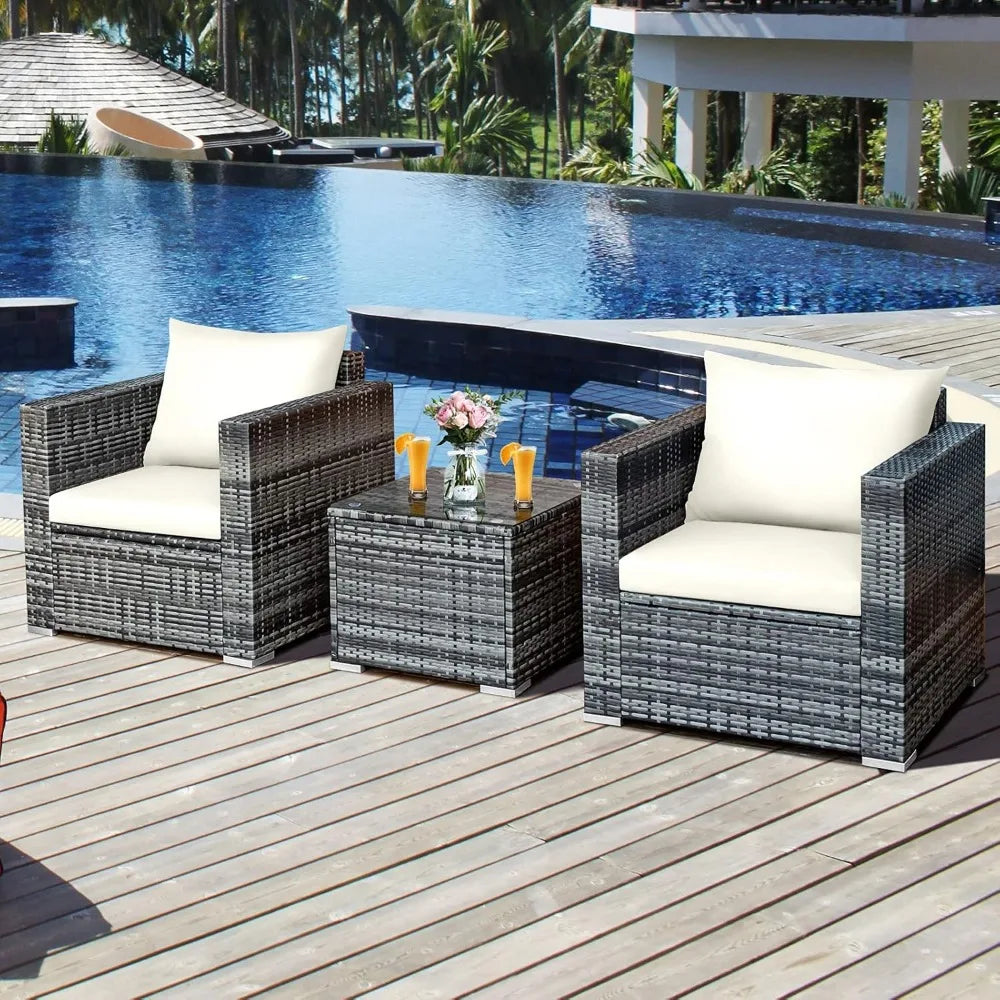 3-Piece Patio Furniture Set with PE Rattan, Washable Cushions, and Tempered Glass Table for Outdoor Garden Poolside