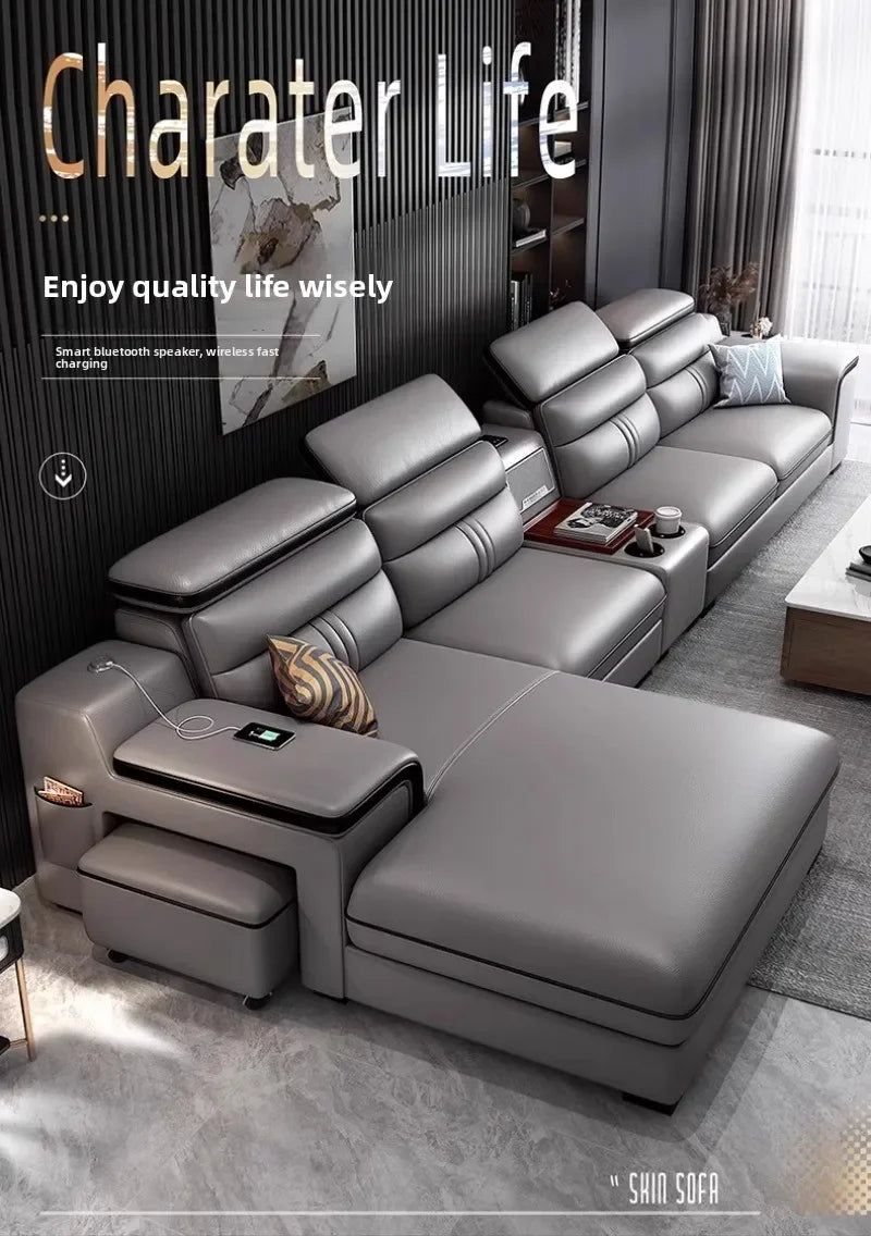 Modern Large Apartment Chaise Leather Sofa Combination Set Light Luxury Living Room Sofas Creative Office Comfortable Large Sofa