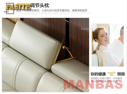 Italian Leather Couch With Heating Seat Cold Fridge Genuine Leather Sofa With Headrests USB, Stools And Storage Easy to clean