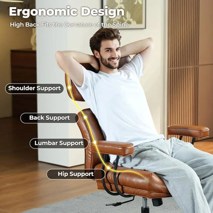 Mid-Century Modern Leather Chair，Ergonomic Home Office Chair with Lumbar Support, High Back Swivel Rolling Executive Chair