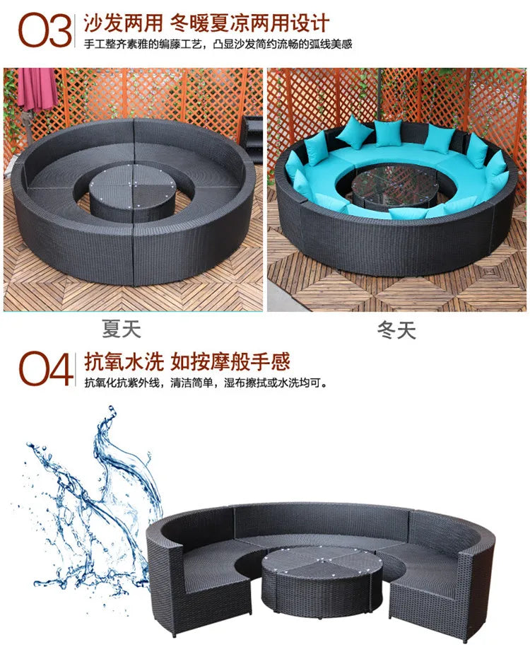 Modern Imitation Rattan Round Sofa Set Outdoor Garden Patio Rattan Woven Sofa Leisure Balcony Rattan Chair Furniture
