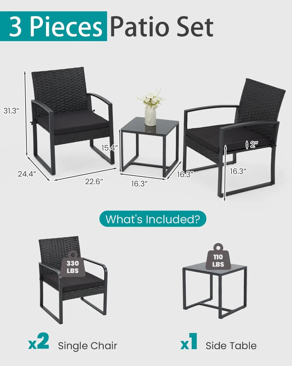 Patio Furniture Set, Outdoor Rattan Bistro Set with Coffee Table, Durable Steel Frame with Strapped Cushions for Garden, Balcony
