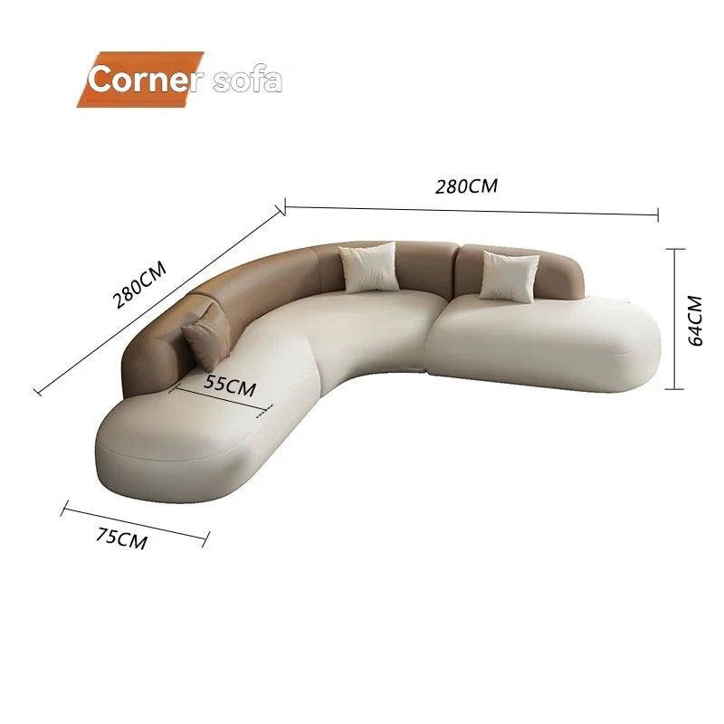 Curved Leather Corner Sofa Set with Solid Wood Frame, Modern Sectional Couches for Living Room, Comfortable Leather Couch Sets