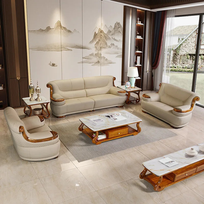 Modern minimalist, ebony leather sofa, new Chinese combination
