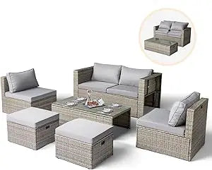 6-Piece Outdoor Wicker Sectional Furniture Set ，Space-Saving Design and Ottomans for Patio Conversation Area