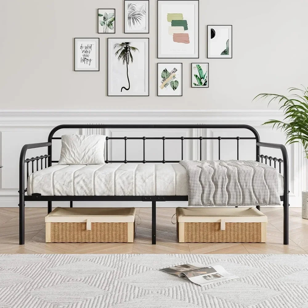 Metal Daybed Frame Twin Size with Steel Slats Platform Furniture Black