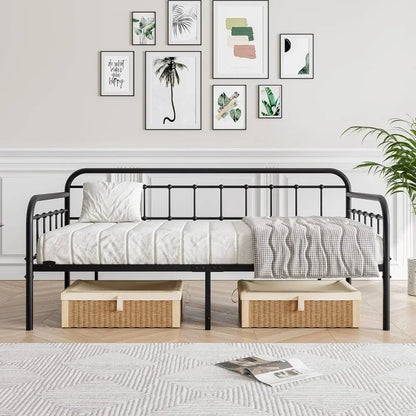 Metal Daybed Frame Twin Size with Steel Slats Platform Furniture Black