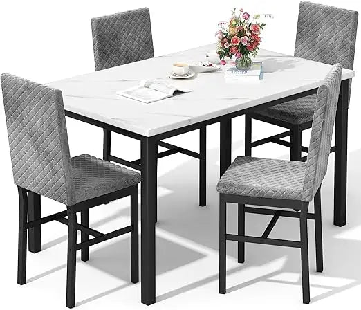 Dining Table Set for 4 Kitchen Table and Chairs Set of 4 Faux Marble Kitchen and Dining with Velvet Upholstered Dinner Chairs f