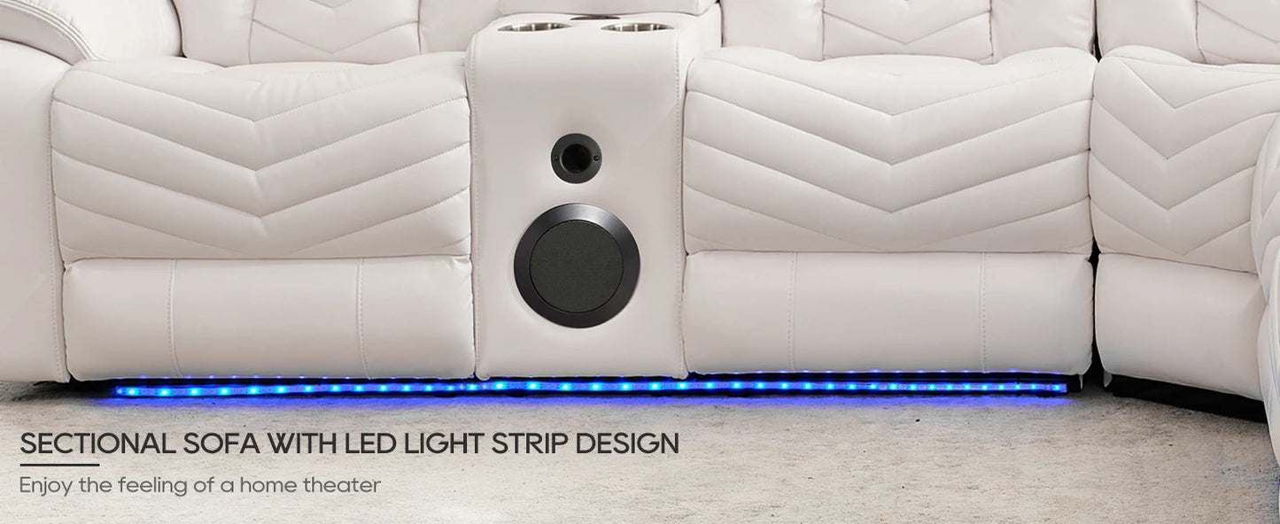Electric Power Recliner Sectional Sofa With Bass Speakers & LED Lights – Faux Leather L-Shaped Corner Couches For Living Room