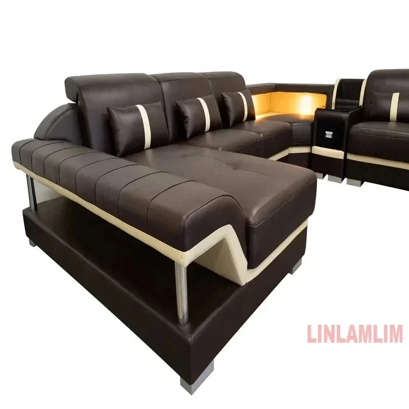 Minimalist Leather Sectional Sofa Set with Storage, Glass Coffee Table & TV Stand for Living Room