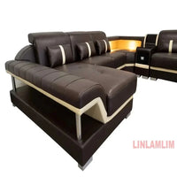 Minimalist Leather Sectional Sofa Set with Storage, Glass Coffee Table & TV Stand for Living Room