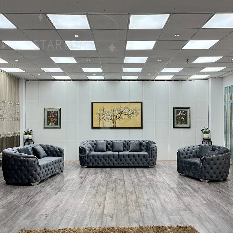 Luxury Gold Stainless Steel and Velvet Soft Sofa for Hotel Office Villa Warehouse or Export Use Sofa Combination
