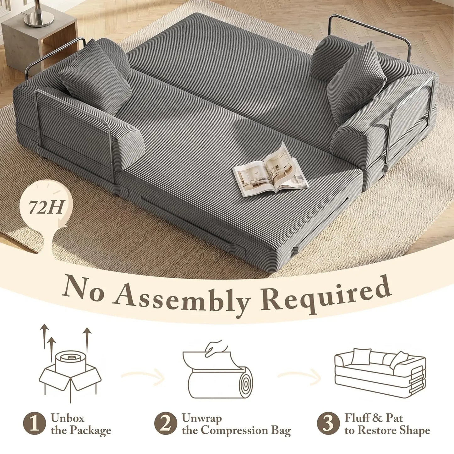 5-in-1 Convertible Sofa Bed Pull-Out Sleeper 70in High-Density Sponge Corduroy Futon Living Room Gray Customized